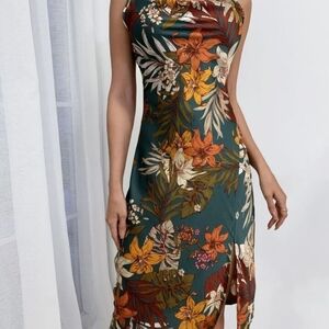 Floral Sleeveless Dress - Green and Orange